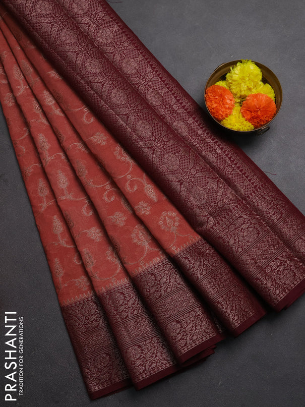 Semi chiniya silk saree dark peach and wine shade with allover thread & zari weaves and long woven border