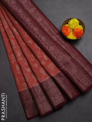 Semi chiniya silk saree dark peach and wine shade with allover thread & zari weaves and long woven border