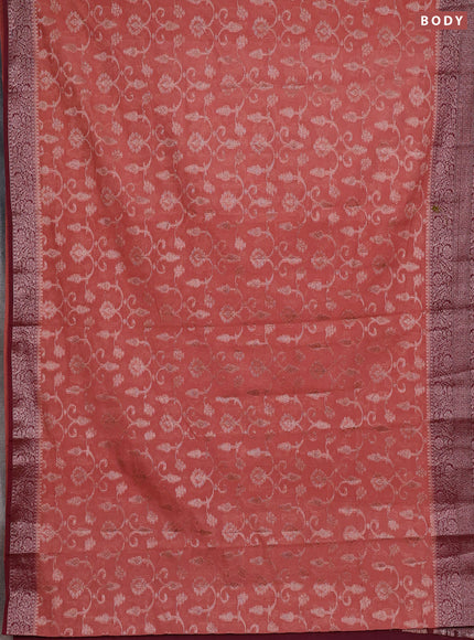 Semi chiniya silk saree dark peach and wine shade with allover thread & zari weaves and long woven border