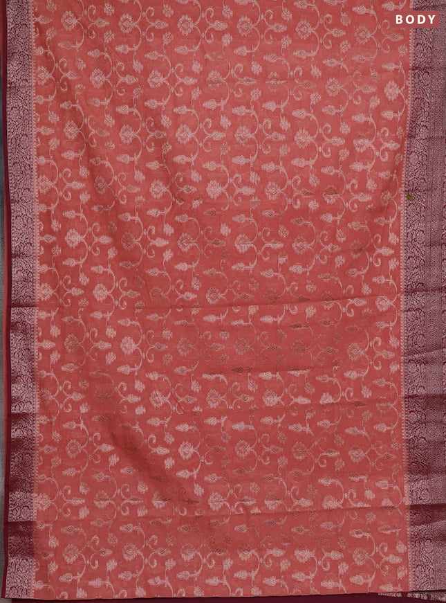 Semi chiniya silk saree dark peach and wine shade with allover thread & zari weaves and long woven border
