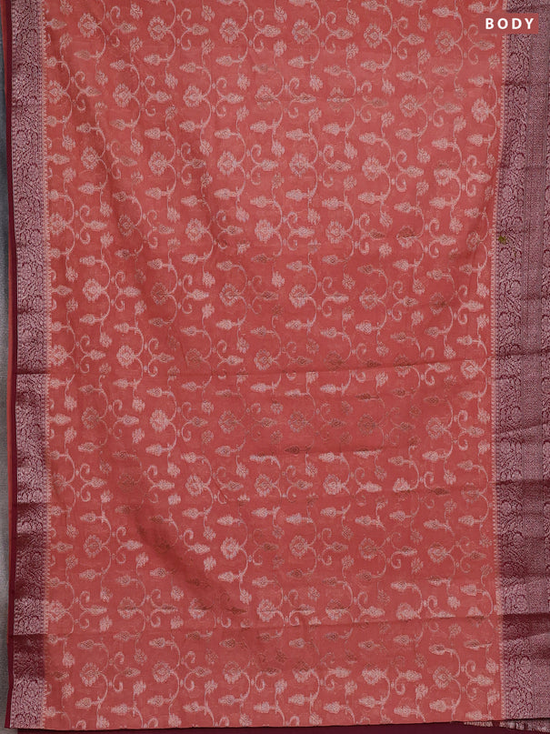 Semi chiniya silk saree dark peach and wine shade with allover thread & zari weaves and long woven border