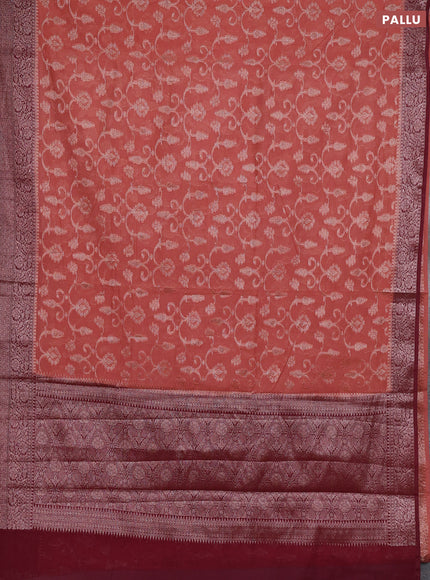 Semi chiniya silk saree dark peach and wine shade with allover thread & zari weaves and long woven border