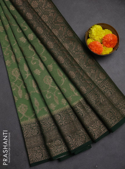 Semi chiniya silk saree pastel green and bottle green with allover thread & zari weaves and long woven border