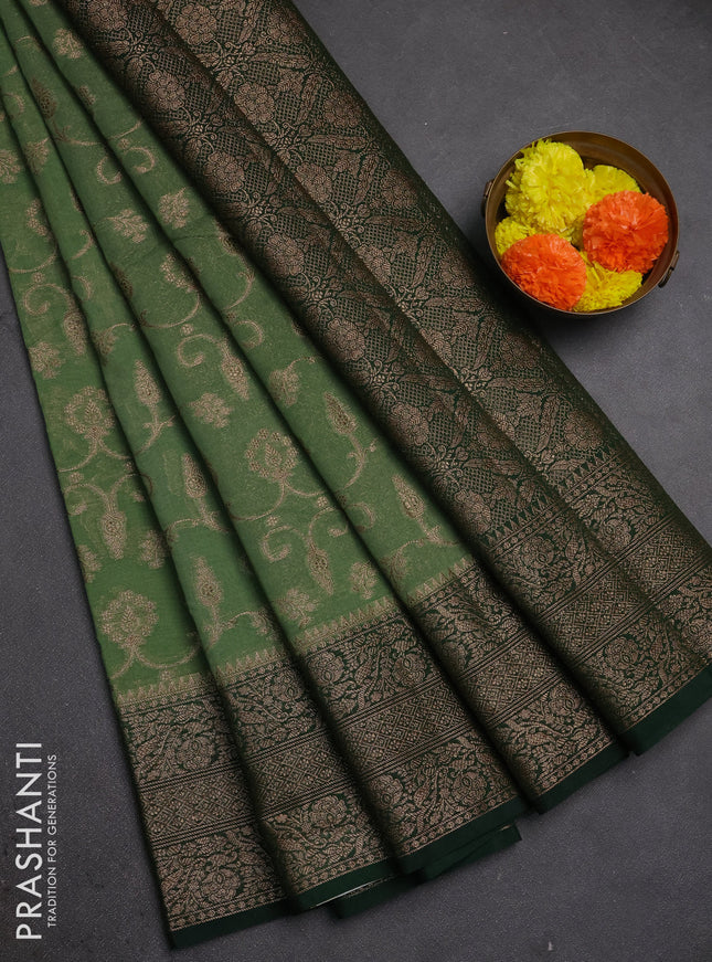 Semi chiniya silk saree pastel green and bottle green with allover thread & zari weaves and long woven border