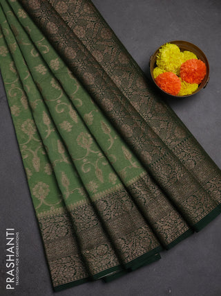 Semi chiniya silk saree pastel green and bottle green with allover thread & zari weaves and long woven border