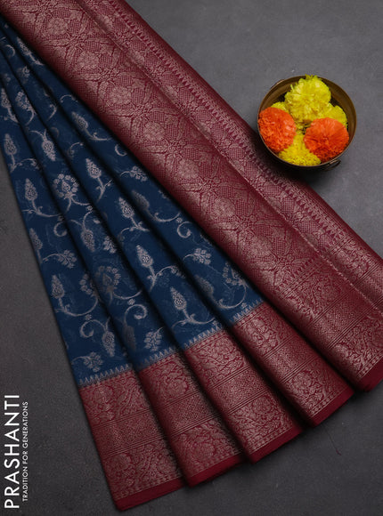 Semi chiniya silk saree peacock blue and wine shade with allover thread & zari weaves and long woven border