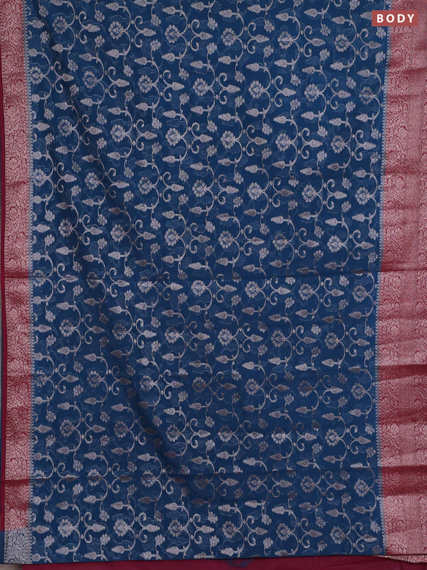 Semi chiniya silk saree peacock blue and wine shade with allover thread & zari weaves and long woven border