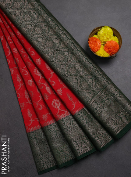 Semi chiniya silk saree red and bottle green with allover thread & zari weaves and long woven border