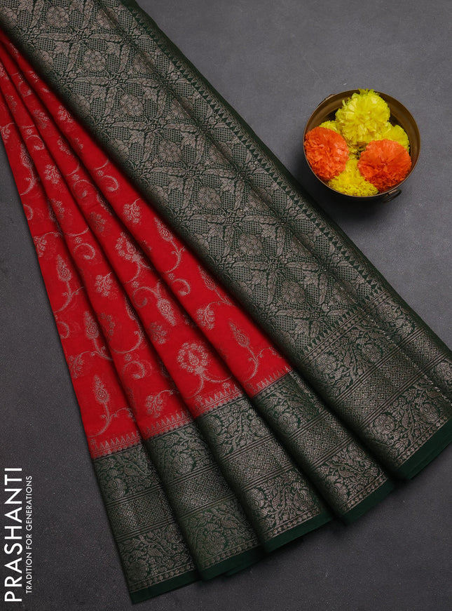 Semi chiniya silk saree red and bottle green with allover thread & zari weaves and long woven border
