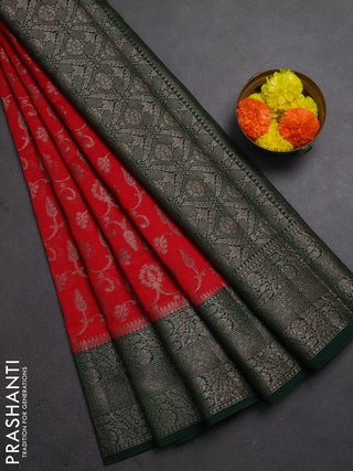 Semi chiniya silk saree red and bottle green with allover thread & zari weaves and long woven border