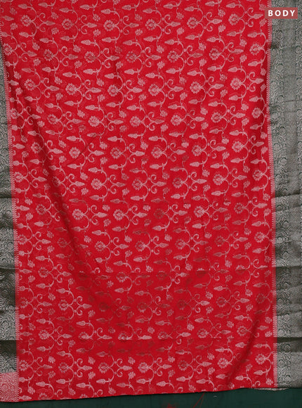 Semi chiniya silk saree red and bottle green with allover thread & zari weaves and long woven border