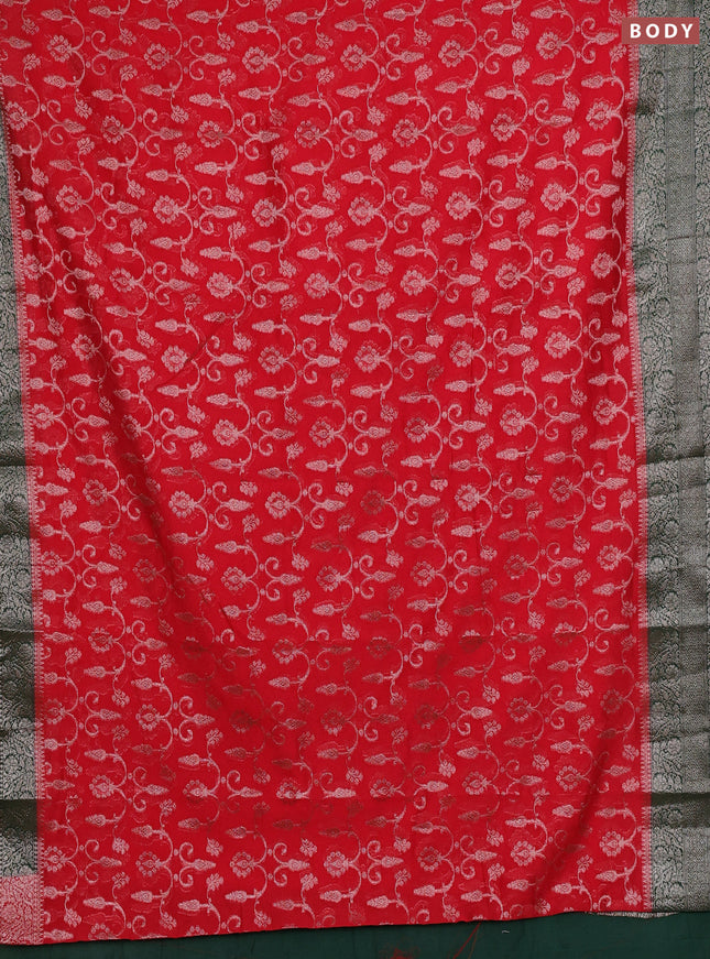 Semi chiniya silk saree red and bottle green with allover thread & zari weaves and long woven border