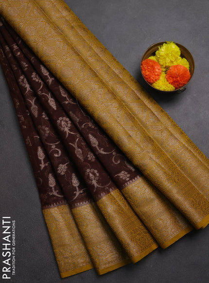 Semi chiniya silk saree coffee brown and dark mustard with allover thread & zari weaves and long woven border