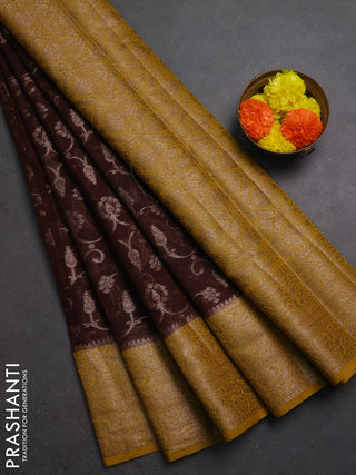 Semi chiniya silk saree coffee brown and dark mustard with allover thread & zari weaves and long woven border
