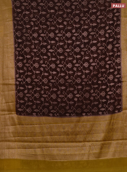 Semi chiniya silk saree coffee brown and dark mustard with allover thread & zari weaves and long woven border