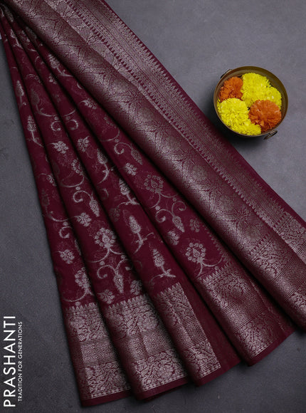Semi chiniya silk saree wine shade with allover thread & zari weaves and long woven border