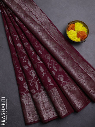 Semi chiniya silk saree wine shade with allover thread & zari weaves and long woven border