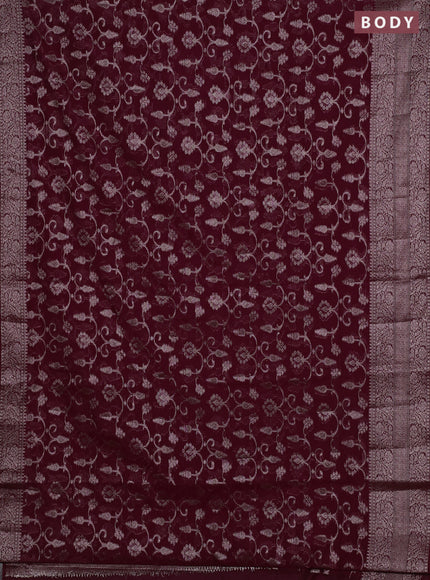 Semi chiniya silk saree wine shade with allover thread & zari weaves and long woven border