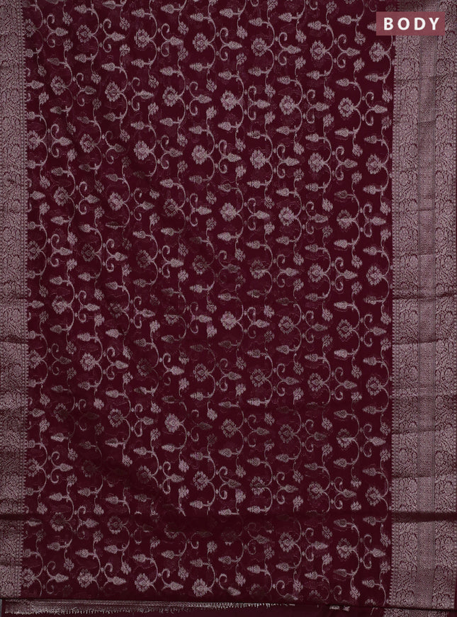 Semi chiniya silk saree wine shade with allover thread & zari weaves and long woven border