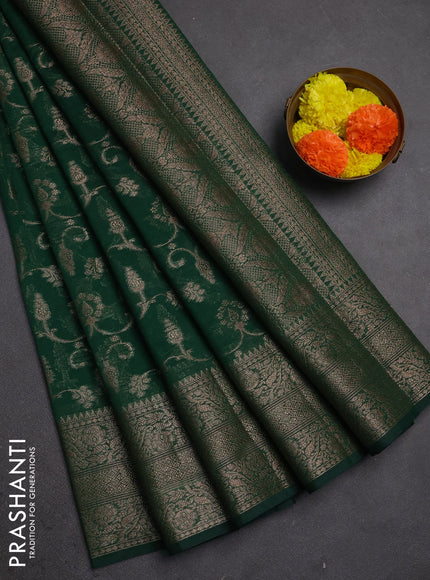 Semi chiniya silk saree green with allover thread & zari weaves and long woven border