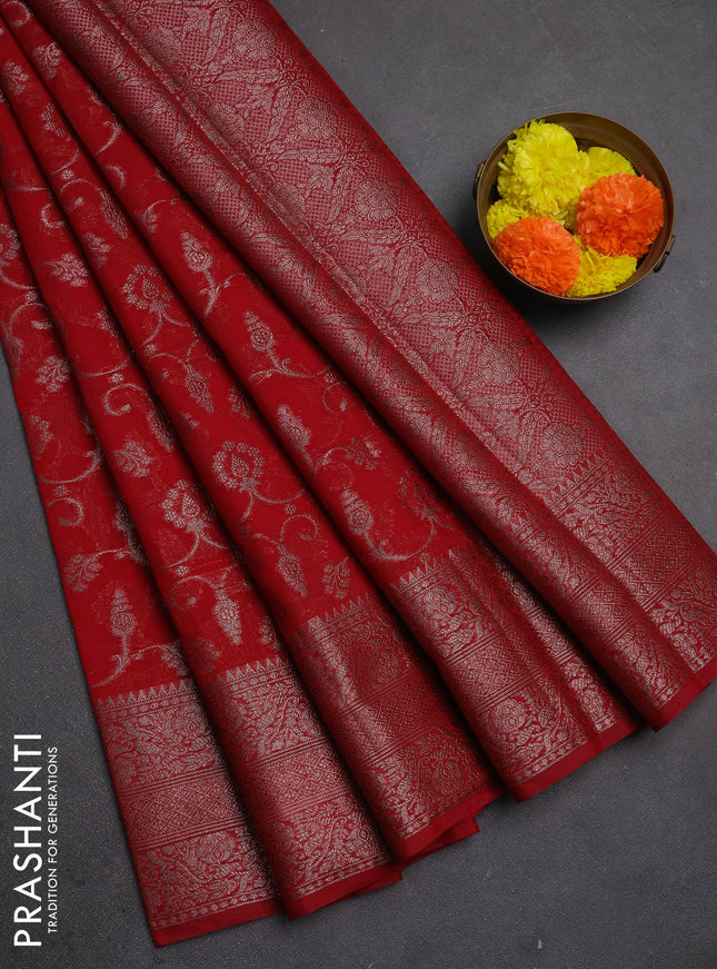 Semi chiniya silk saree red with allover thread & zari weaves and long woven border