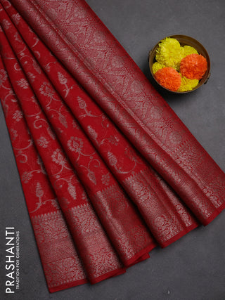 Semi chiniya silk saree red with allover thread & zari weaves and long woven border