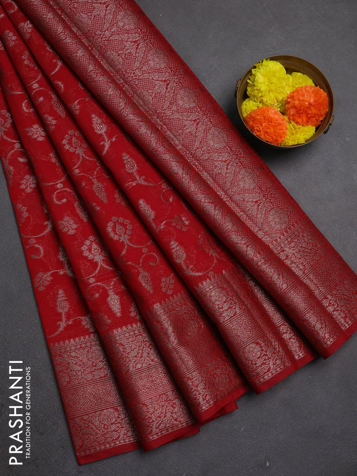 Semi chiniya silk saree red with allover thread & zari weaves and long woven border