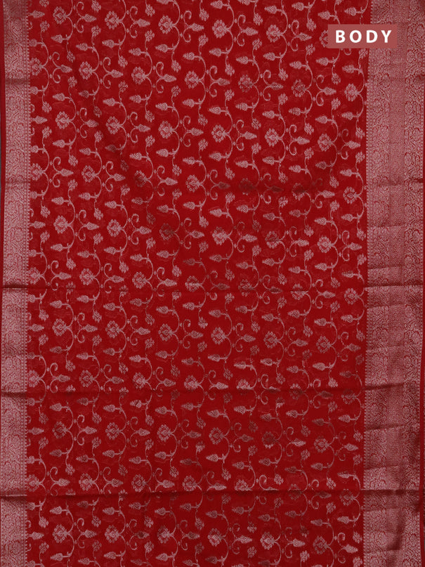 Semi chiniya silk saree red with allover thread & zari weaves and long woven border