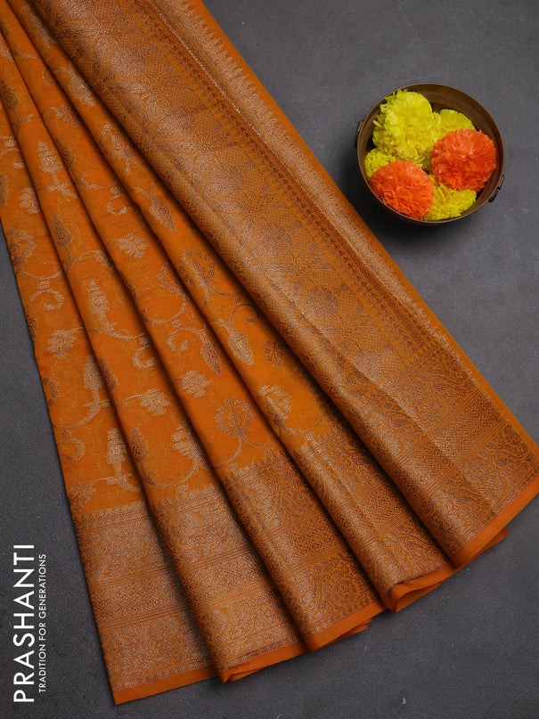 Semi chiniya silk saree mango yellow with allover thread & zari weaves and long woven border