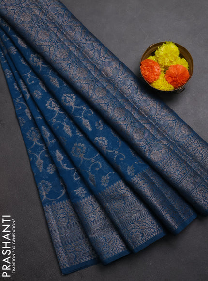 Semi chiniya silk saree peacock blue with allover thread & zari weaves and long woven border