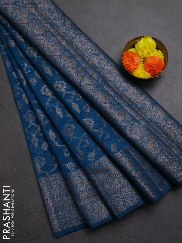 Semi chiniya silk saree peacock blue with allover thread & zari weaves and long woven border
