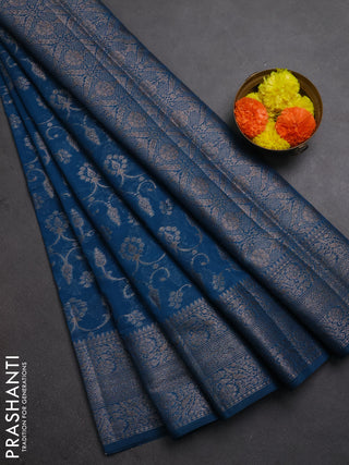 Semi chiniya silk saree peacock blue with allover thread & zari weaves and long woven border