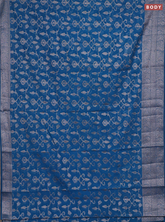Semi chiniya silk saree peacock blue with allover thread & zari weaves and long woven border