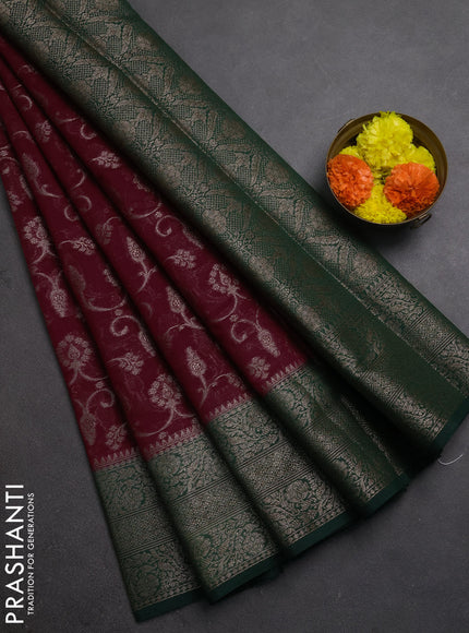 Semi chiniya silk saree wine shade and bottle green with allover thread & zari weaves and long woven border