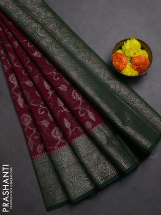 Semi chiniya silk saree wine shade and bottle green with allover thread & zari weaves and long woven border