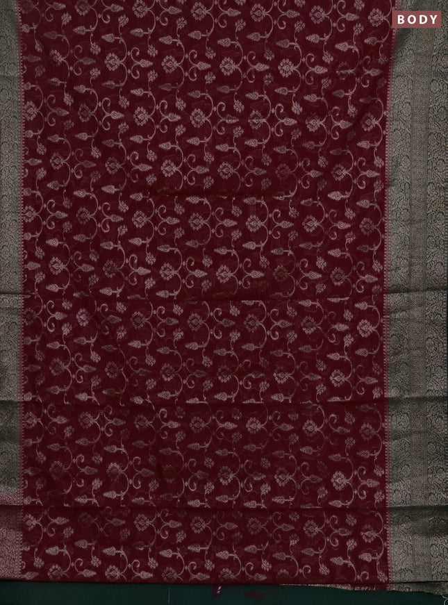 Semi chiniya silk saree wine shade and bottle green with allover thread & zari weaves and long woven border