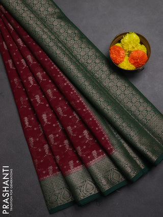 Semi chiniya silk saree wine shade and dark green with allover thread & zari woven buttas and woven border