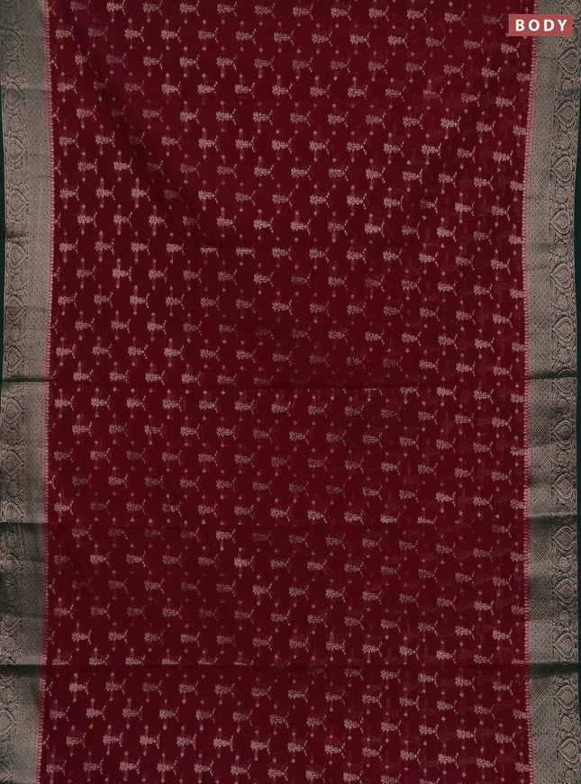 Semi chiniya silk saree wine shade and dark green with allover thread & zari woven buttas and woven border