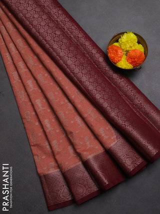 Semi chiniya silk saree dark peach and wine shade with allover thread & zari woven buttas and woven border