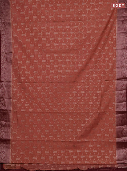 Semi chiniya silk saree dark peach and wine shade with allover thread & zari woven buttas and woven border