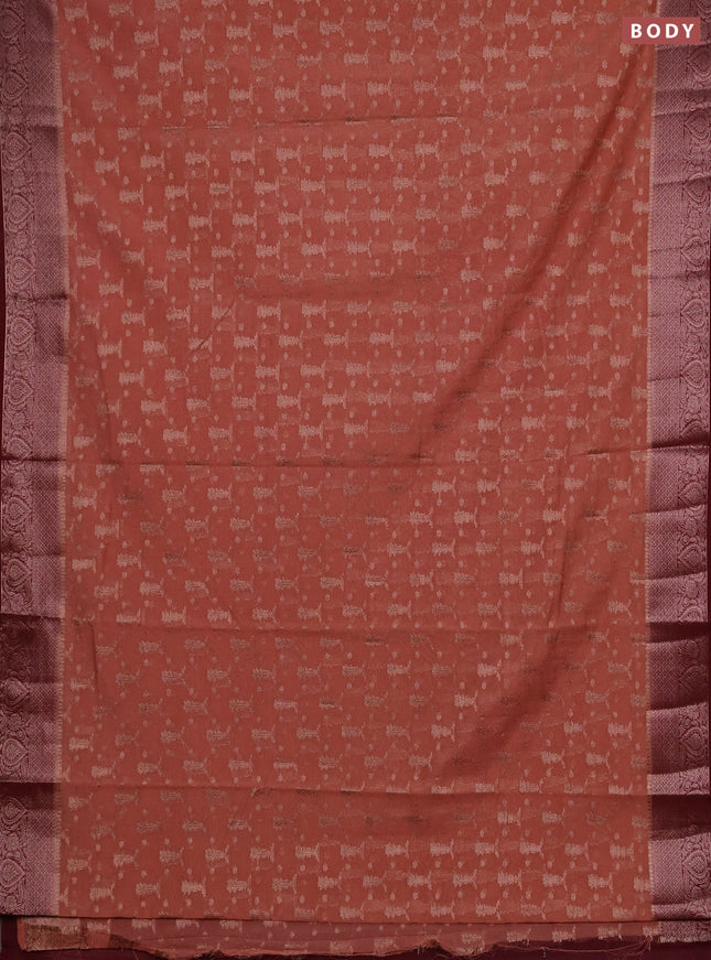 Semi chiniya silk saree dark peach and wine shade with allover thread & zari woven buttas and woven border
