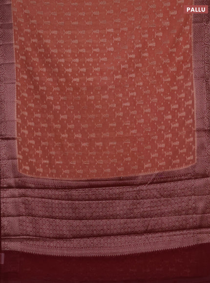 Semi chiniya silk saree dark peach and wine shade with allover thread & zari woven buttas and woven border