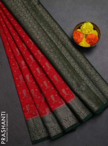 Semi chiniya silk saree red and bottle green with allover thread & zari woven buttas and woven border