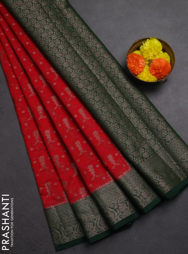 Semi chiniya silk saree red and bottle green with allover thread & zari woven buttas and woven border
