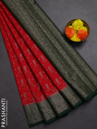 Semi chiniya silk saree red and bottle green with allover thread & zari woven buttas and woven border