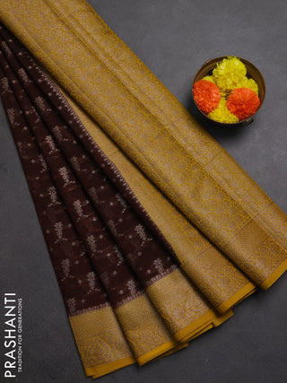 Semi chiniya silk saree coffee brown and mustard yellow with allover thread & zari woven buttas and woven border