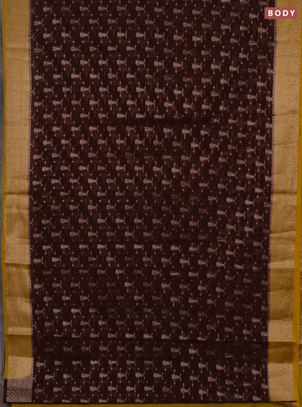 Semi chiniya silk saree coffee brown and mustard yellow with allover thread & zari woven buttas and woven border