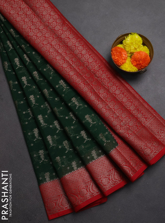 Semi chiniya silk saree bottle green and red with allover thread & zari woven buttas and woven border