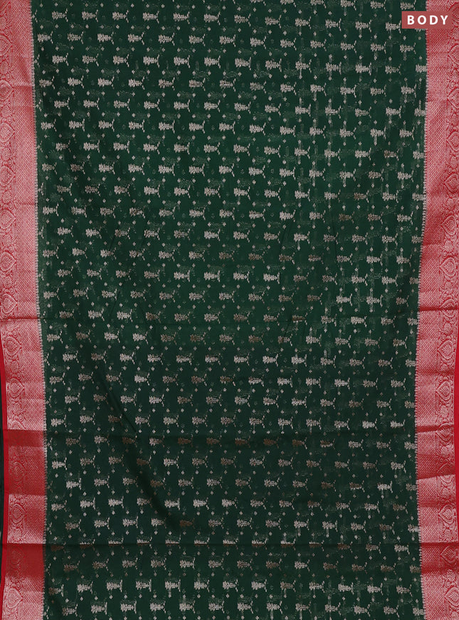 Semi chiniya silk saree bottle green and red with allover thread & zari woven buttas and woven border