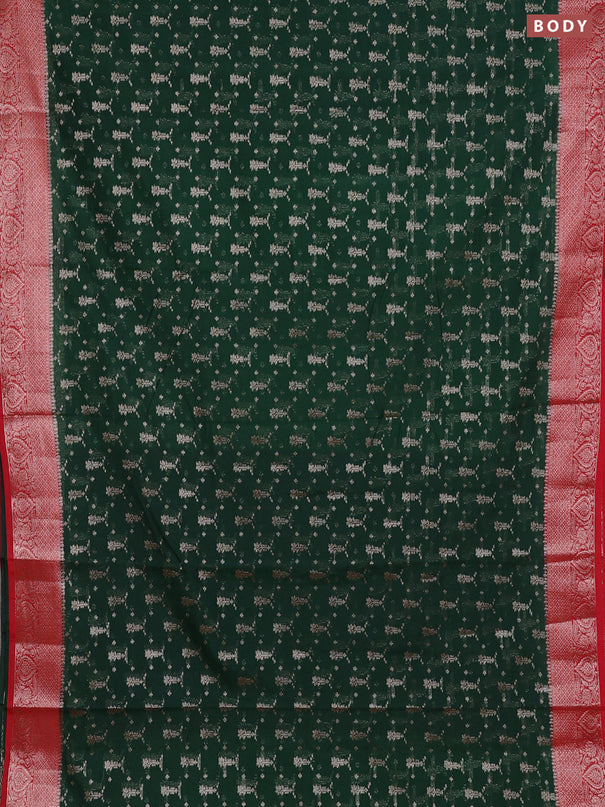 Semi chiniya silk saree bottle green and red with allover thread & zari woven buttas and woven border